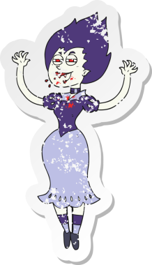 Bir insan tarafından çizilmiş ağzı kanlı vampir bir kızın retro stresli çıkartması.