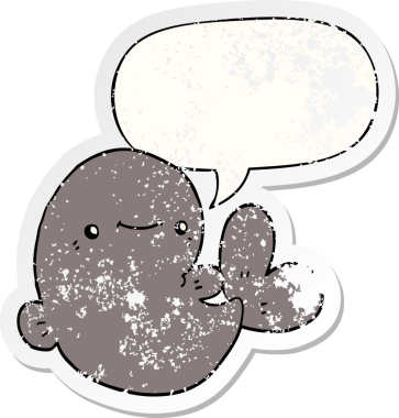 Konuşma baloncuğu olan karikatür balinası bir insan tarafından çizilmiş sıkıntılı eski bir çıkartma