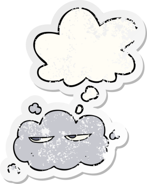 Düşünce baloncuğu olan sevimli çizgi film bulutu bir insan tarafından çizilmiş yıpranmış bir çıkartma gibi.