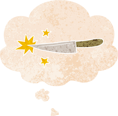 Düşünce baloncuklu çizgi film keskin bıçak grunge sıkıntılı retro stil bir insan tarafından çizilmiş