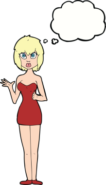 Bir insan tarafından çizilmiş düşünce balonlu kokteyl elbisesi giymiş kafası karışık bir kadın çizgi filmi.