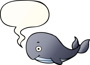 Bir insan tarafından çizilmiş, konuşma baloncuklu çizgi film balinası.