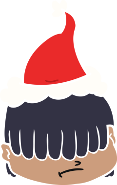Bir insan tarafından çizilmiş Noel Baba şapkası giymiş, saçı gözlerinin üzerinde olan bir yüzün düz çizimi.