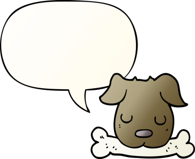 Bir insan tarafından çizilmiş, konuşma baloncuklu çizgi film köpeği.