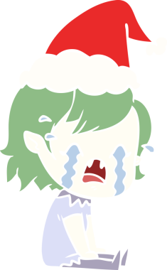 Bir insan tarafından çizilmiş Noel Baba şapkası takan ağlayan vampir bir kızın el çizimi.