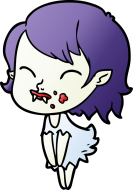 Bir insan tarafından çizilmiş yanağında kan olan vampir kız çizgi filmi.