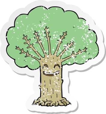 Bir insan tarafından çizilmiş, kederli, çizgi film mutlu ağacının etiketi.