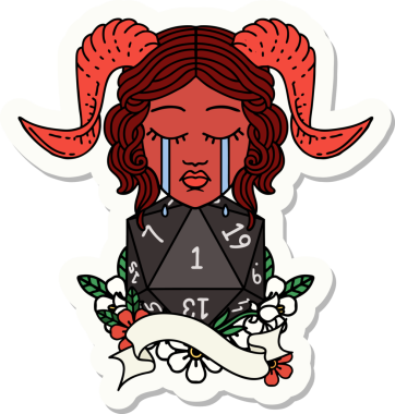 Ağlama etiketi, bir insan tarafından çizilmiş doğal bir D20 rulo ile bağlanıyor.