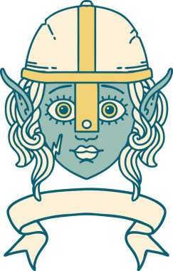 Retro Dövme Tarzı Elf Savaşçı karakteri yüzü Bir insan tarafından çizilmiş pankartıyla