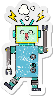 Bir insan tarafından çizilmiş sevimli bir robot çizgi film çıkartması.