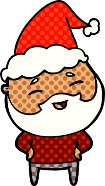 Bir insan tarafından çizilmiş Noel Baba şapkası giyen mutlu sakallı bir adamın el çizimi çizgi roman tasviri.