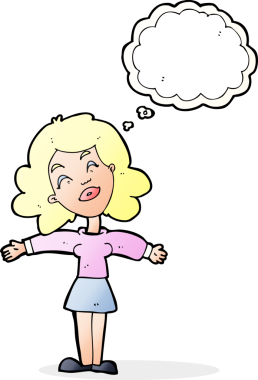 Bir insan tarafından çizilmiş düşünce balonlu açık kollu çizgi film kadını.