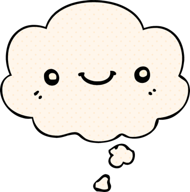 Çizgi roman tarzında bir insan tarafından çizilmiş düşünce baloncuklu şirin mutlu yüz.