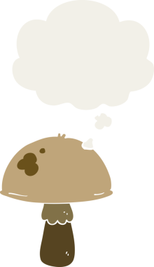 Düşünce baloncuğu olan çizgi film mantarları insan tarafından çizilmiş.