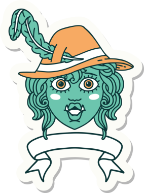 Bir insan tarafından çizilmiş afişi olan bir ork ozan karakterinin çıkartması