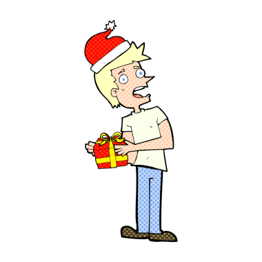 Bir insan tarafından çizilmiş bir noel hediyesini elinde tutan çizgi film adamı.