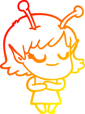 Bir insan tarafından çizilmiş gülümseyen uzaylı kız çizgi filmi.