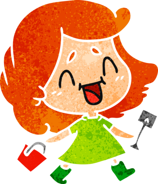 Bir insan tarafından çizilmiş kovalı ve kürekli sevimli kawai kızının serbest çizimi.