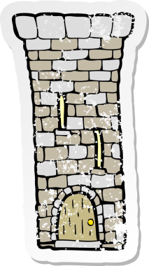 Bir insan tarafından çizilmiş eski bir şato kulesinin gerilimli çıkartması.