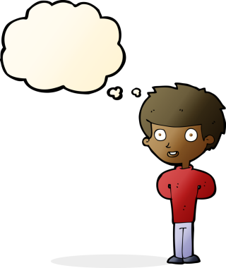 Bir insan tarafından çizilmiş düşünce balonu olan mutlu çocuk çizgi filmi.