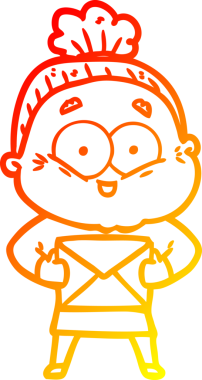 Bir insan tarafından çizilmiş mutlu, yaşlı bir kadının sıcak çizgi çizimi.