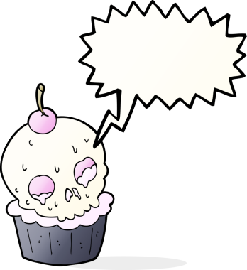 Bir insan tarafından çizilmiş konuşma balonlu Cadılar Bayramı pastası.