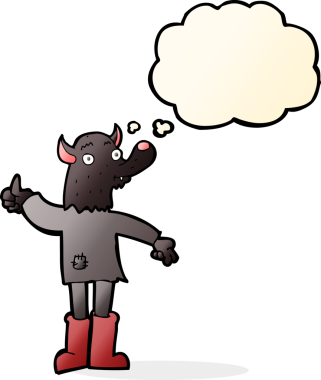 Bir insan tarafından çizilmiş düşünce balonu olan komik bir kurt adam.