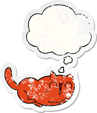 Düşünce baloncuğu olan mutlu çizgi film kedisi bir insan tarafından çizilmiş yıpranmış bir çıkartma.