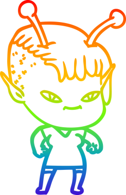 Gökkuşağı gradyan çizgisi bir insan tarafından çizilmiş şirin bir uzaylı kızın çizimi.