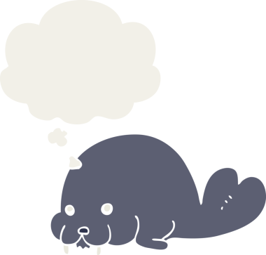 Bir insan tarafından çizilmiş, düşünce baloncuklu şirin bir mors.