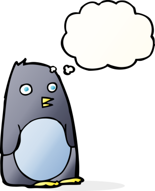 Bir insan tarafından çizilmiş düşünce baloncuklu penguen.