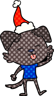 Bir insan tarafından çizilmiş Noel Baba şapkası takan bir köpeğin el çizimi çizgi roman tasviri.