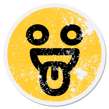 Bir insan tarafından çizilmiş çılgın mutlu yüz dairesel etiketi.