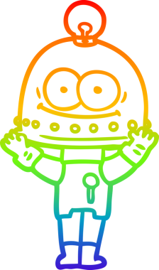 Gökkuşağı gradyan çizgisi mutlu bir karton robot çizimi ve bir insan tarafından çizilmiş ampul.