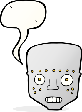 bir insan tarafından çizilmiş konuşma balonlu robot kafası.