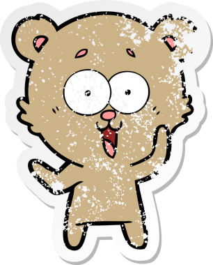 Bir insan tarafından çizilmiş gülen oyuncak ayının sıkıntılı çıkartması.