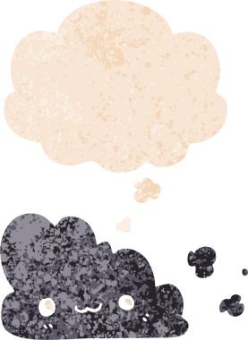 Düşünce baloncuğu ve grunge ile sevimli çizgi film bulutu bir insan tarafından çizilmiş sıkıntılı retro dokuma tarzı