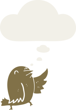 Düşünce baloncuğu olan çizgi film kuşu insan tarafından çizilmiş.