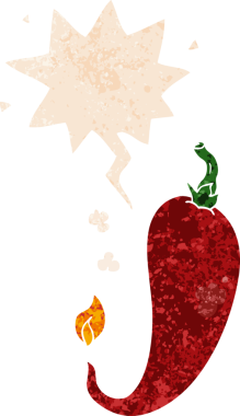 grunge 'da konuşma baloncuğu olan kırmızı biber çizgi filmi bir insan tarafından çizilmiş rahatsız edilmiş retro desen tarzı.