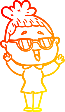 Bir insan tarafından çizilmiş gözlük takan mutlu bir kadının çizgi çizimi.