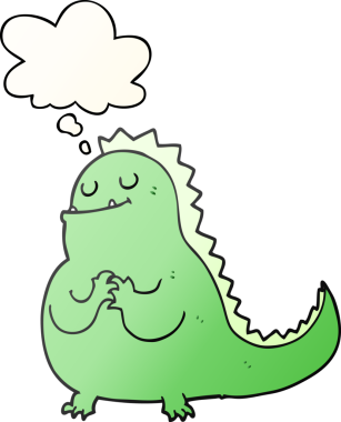 Düşünce baloncuklu çizgi film dinozoru, bir insan tarafından çizilmiş düzgün eğimli stil.