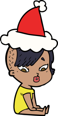 Bir insan tarafından çizilmiş Noel Baba şapkası giymiş şaşırmış bir kızın el çizimi.