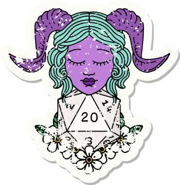 Bir insan tarafından çizilmiş doğal yirmilik zarla süslenmiş grunge çıkartması.