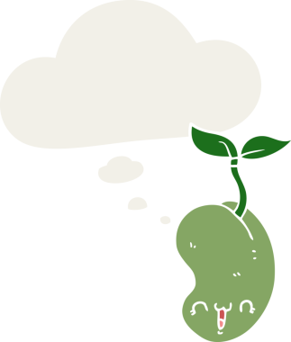 Bir insan tarafından çizilmiş düşünce baloncuğuyla filizlenen sevimli çizgi film tohumu.