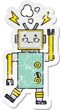 Bir insan tarafından çizilmiş sevimli bir robot çizgi film çıkartması.