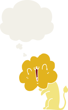 Bir insan tarafından çizilmiş düşünce baloncuğu olan sevimli çizgi film aslanı.