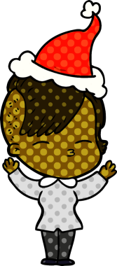 Bir insan tarafından çizilmiş Noel Baba şapkası takan şaşı bir kızın el çizimi çizgi roman çizimi.