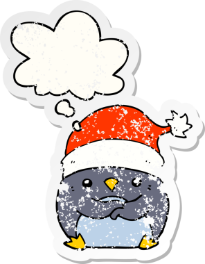 Düşünce baloncuklu Noel şapkası takan sevimli penguen dertli bir insan tarafından çizilmiş bir çıkartma.