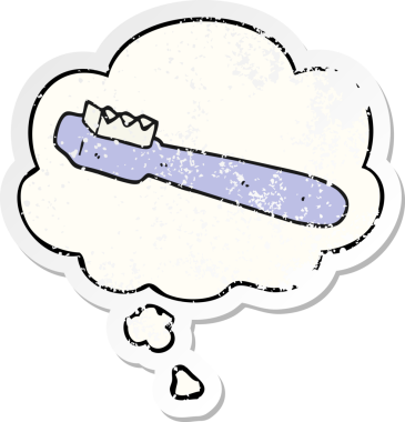 Düşünce baloncuklu karikatür diş fırçası bir insan tarafından çizilmiş yıpranmış bir çıkartma.
