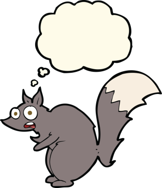 Bir insan tarafından çizilmiş düşünce baloncuklu komik sincap çizgi filmi.